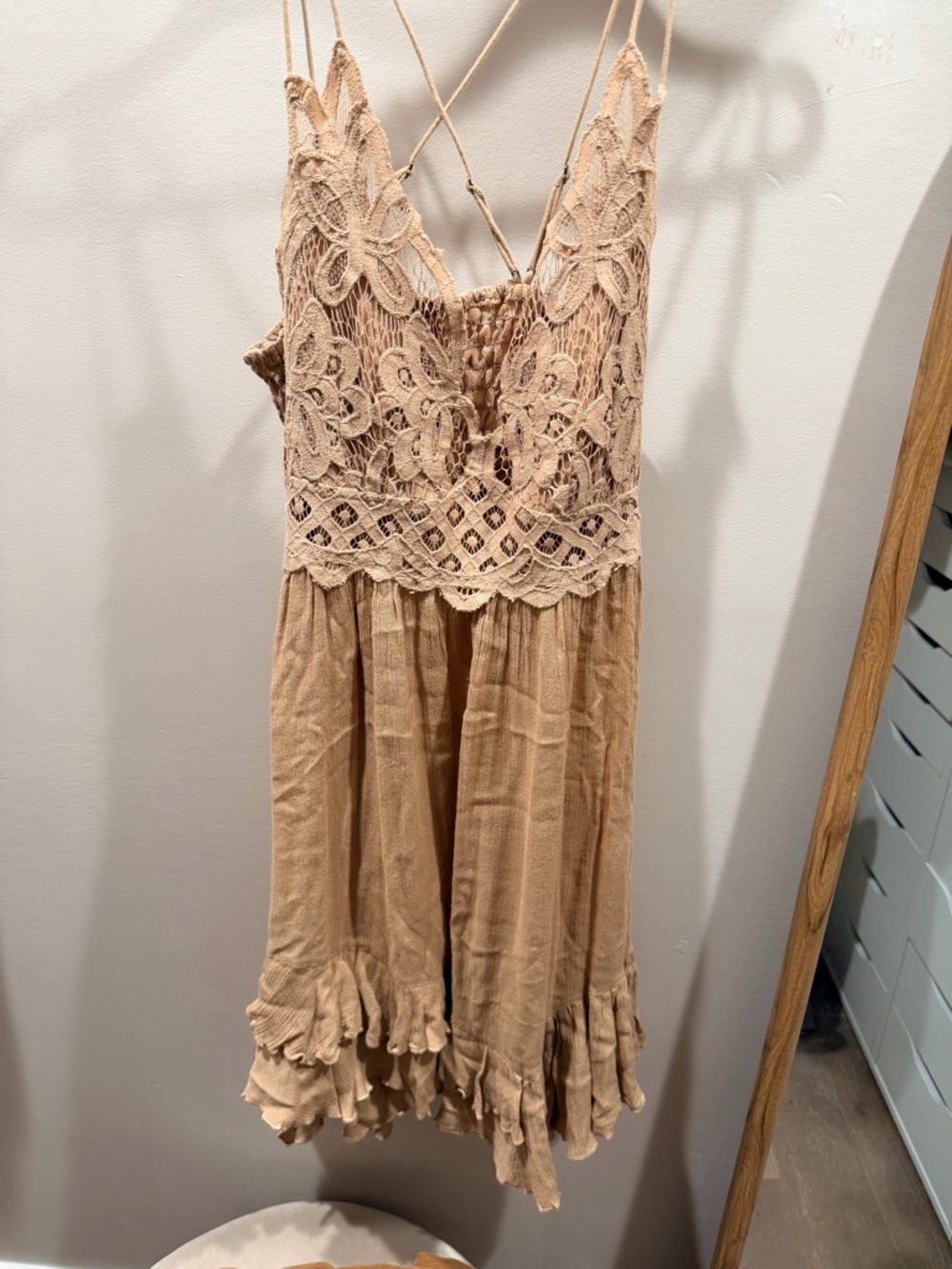Free People one Adella slip Beige Crochet Bodice Ruffle-Hem Slip Dress